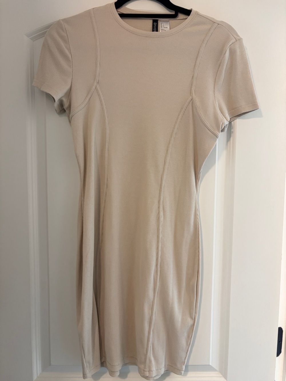H&M Short Sleeve Ribbed Mini Dress in Beige